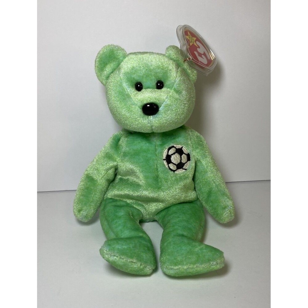 Ty Kicks Bear Beanie Babies Green Soccer Ball Plush Collectible